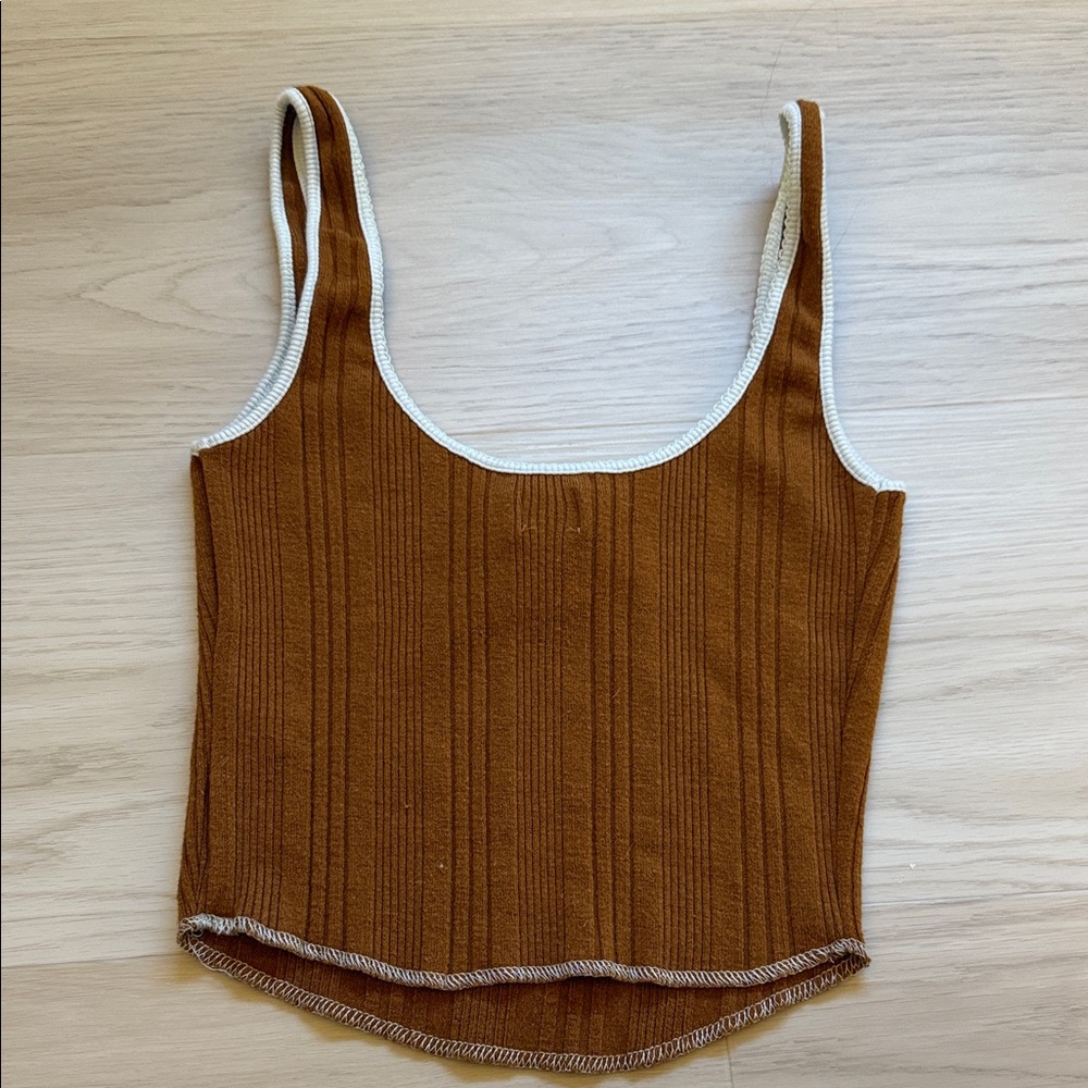 Brown and Light Blue Accents Ribbed Women's Tank Crop Top - Picture 3 of 3